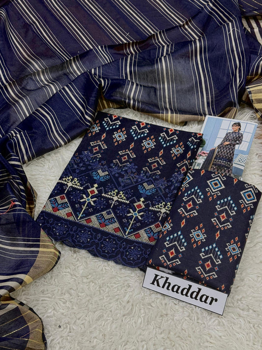 KHADDAR 3pc DAMAN Embroidered With Dyed Yarn Dupatta