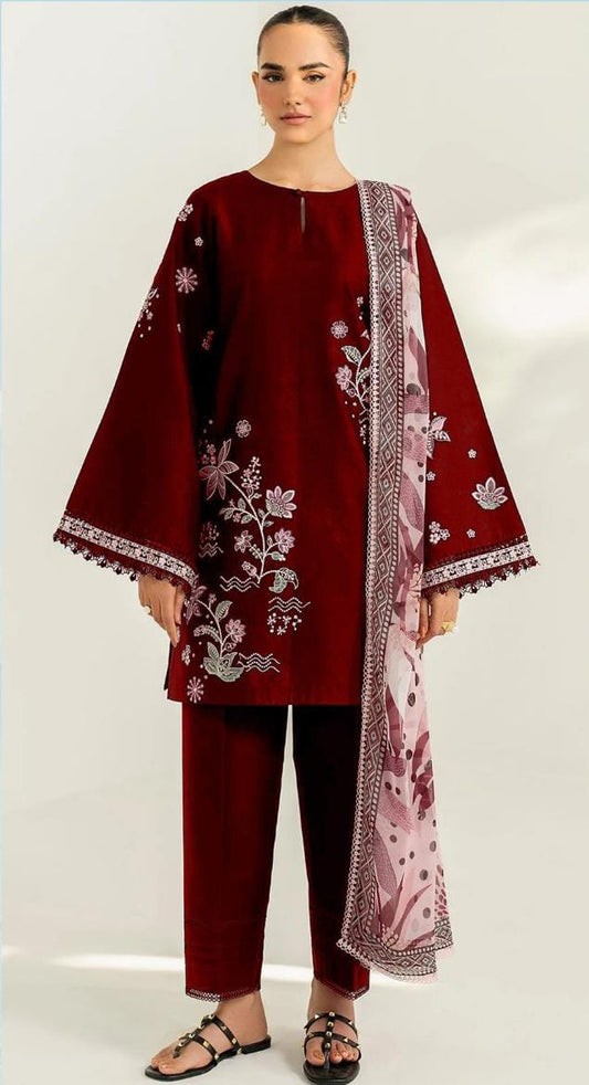 Premium Dhanak 3pc Embroidered suit.