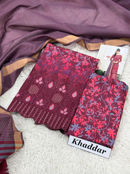 KHADDAR 3pc DAMAN Embroidered With Dyed Yarn Dupatta