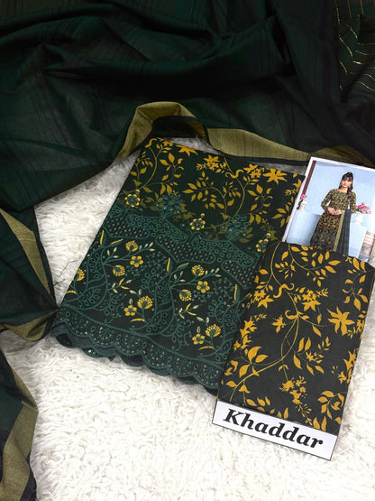 KHADDAR 3pc DAMAN Embroidered With Dyed Yarn Dupatta