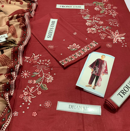 Premium Dhanak 3pc Embroidered suit.