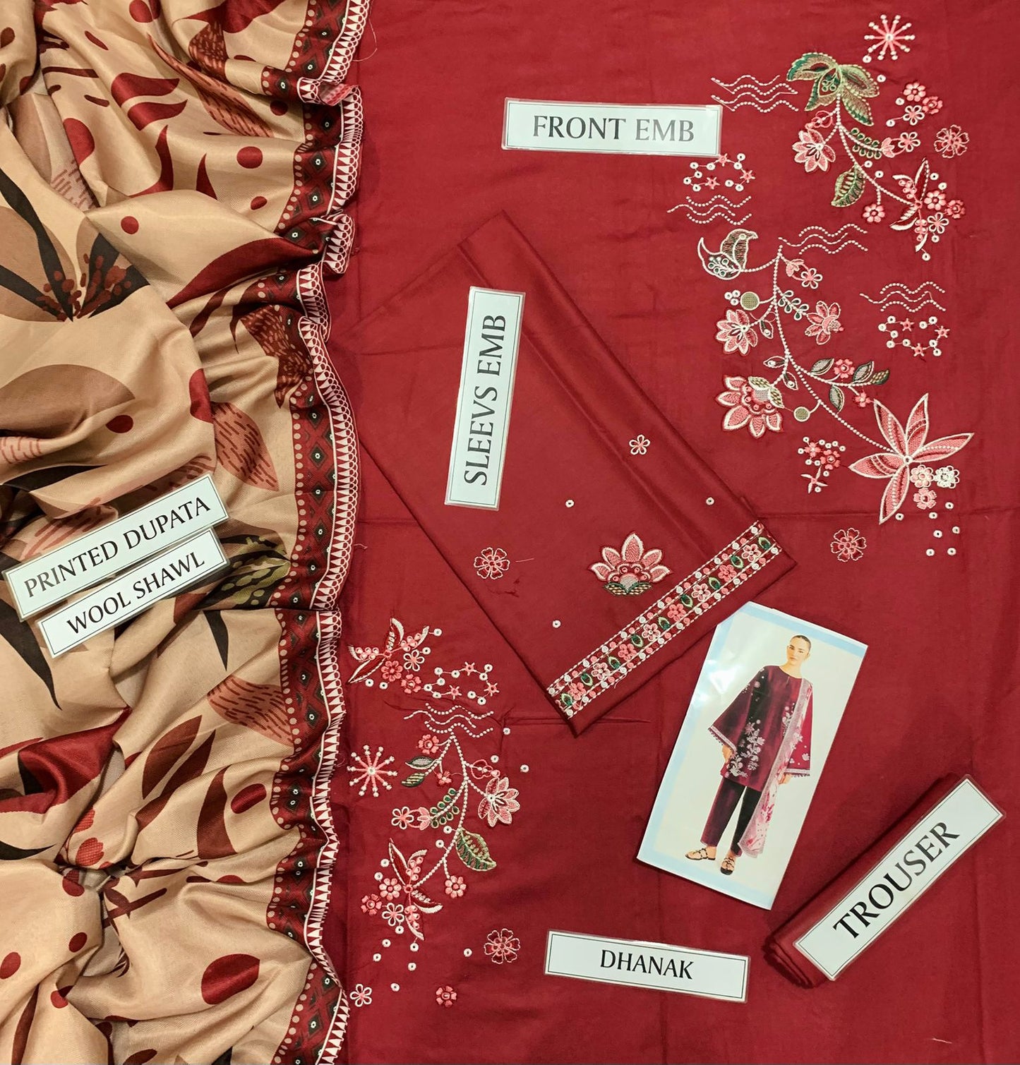 Premium Dhanak 3pc Embroidered suit.